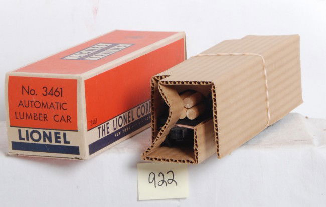 Lionel No. 3461 automatic lumber car in OB Mint: Postwar Lionel O gauge No. 3461 automatic lumber car in original box with logs, inspection slip, instructions sheet, bin, insert. Car looks unrun C9-10. Box is C9+.