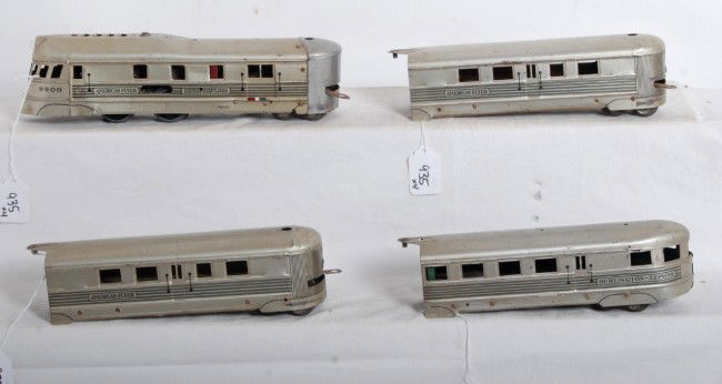 American Flyer 9900 Burlington Zephyr passenger: Prewar American Flyer 9900 Burlington Zephyr articulated streamlined diesel passenger train. This is a tinplate version with powered unit, two coaches, and an observation unit. Train look C6.