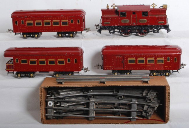 Ives S.G. 3241, 184-3, 185, 186 passenger train: Prewar Ives standard gauge passenger train with No. 3241 electric, 184-3 buffet, 185 parlor, and 186 observation car. Trains look very clean and shiny C6 area. Included are eight curved and two straig