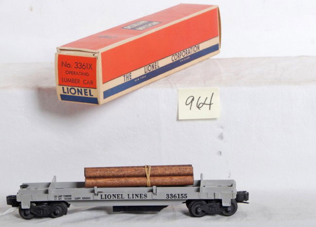 Lionel No. 3361X operating lumber car in OB, Mint: Postwar Lionel O gauge No. 3361X operating lumber car in original box with five logs, C9. Box is C9-10.