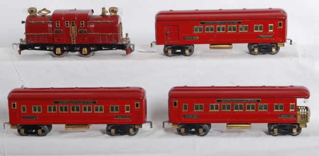 American Flyer No. 3187, 3380, 3381, 3382 Ambassad: Prewar American Flyer O gauge No. 3187 center cab electric locomotive with Ambassador passenger cars: 3380 club car, 3281 Pullman car, and 3282 observation car. Trains look very nice C7 area.