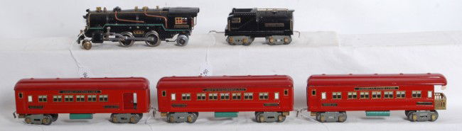 American Flyer 3300 R/C, 3301, 3280, 3281, 3282: Prewar American Flyer O gauge No. 3300R/C steam loco with No. 3301 diecast tender, 3280 club car, 3281 Jeffersonian Pullman, and 3282 observation car. Trains look nice C7 area.