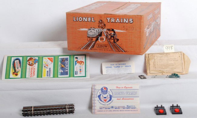 Lionel No. 2293W PRR GG-1 freight set OB only: Postwar Lionel O gauge, empty No. 2293W Pennsylvania GG-1 freight set original box. Box has very small tear to a top flap and a little writing, otherwise C9. Partially punched 1957 billboards, 1956-57