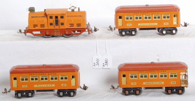 Lionel No. 250, 603, 603, 604 passenger train: Prewar Lionel O gauge No. 250 center cab electric, two 603 Pullmans and a 604 observation. Trains look C6 area. Trains should clean and polish to look a little nicer.
