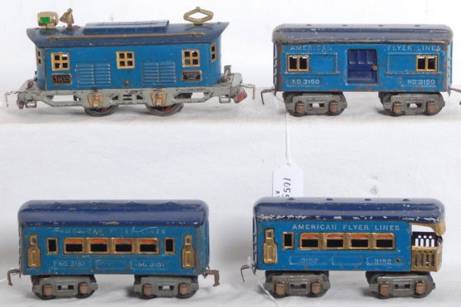 American Flyer 3105, 3150, 3151, 3152 Dixie Queen: Prewar American Flyer O gauge The Dixie Queen passenger train with No. 3105 box cab electric, 3150 RPO, 3151 Pullman, and 3152 observation, C5-6.