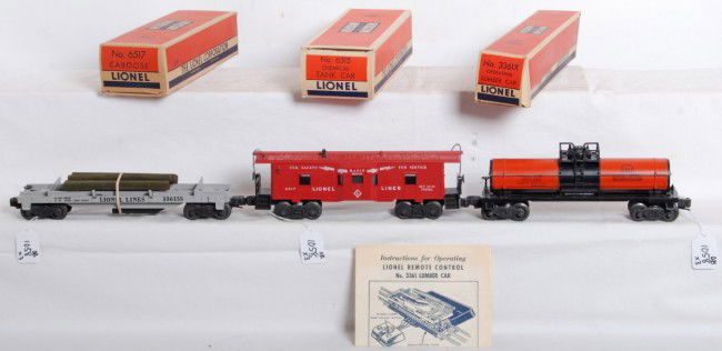 Lionel 3361, 6315, 6517 in OB: Postwar Lionel O gauge No. 3361X operating lumber car with logs and instructions sheet, unrun C9-10 in OB missing flaps. No. 6315 Gulf chemical tank, C8+ in OB with small tear to a tuck flap fold, O/W
