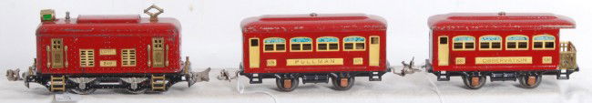 Lionel No. 248 loco, 629, 630 passenger train: Prewar Lionel O gauge No. 248 box cab electric locomotive, 629 Pullman, and 630 observation, passenger train, C6.
