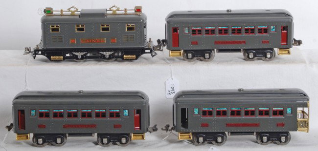 Lionel No. 251E loco, 605, 605, 606 nicely restor: Prewar Lionel O gauge No. 251E box cab electric locomotive with two 605 Pullman coaches and a 606 observation. Trains have been nicely restored to look C7-8.