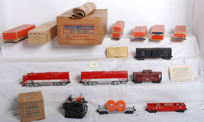 Lionel No. 1517W set MKT freight train w/horn in : Postwar Lionel No. 1517W MKT diesel freight train with horn in original boxes. Set includes 2245P and 2245C Missouri, Kansas, and Texas diesel F3 A-B units with instructions sheet, 6561 cable car, 646