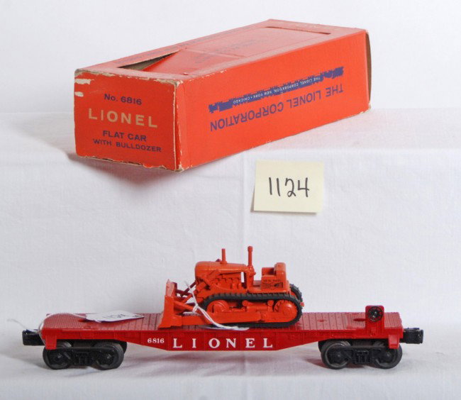 Lionel 6816 flatcar with bulldozer in OB: Postwar Lionel O gauge No. 6816 flatcar with bulldozer in original box. Flatcar looks C7. Dozer looks C9-10. Box is missing push in tab. Box is square and solid with no missing flaps.