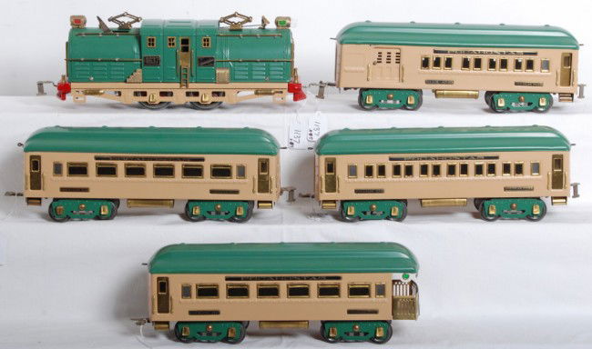 American Flyer 4637, 4340, 4341, 4342, 4343 Pocah: Prewar American Flyer wide gauge 4637 center cab electric loco with 4340 Club, 4341 Pullman, 4342 observation, 4343 observation. Trains have been repainted/restored to look C7 area.