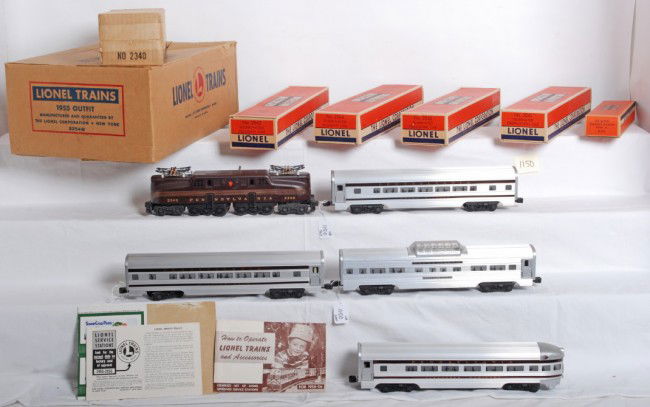 Lionel 2254W 1955 outfit in OB, GG-1 Congressiona: Postwar Lionel O gauge 2254W 1955 outfit in original boxes. 2340 Pennsylvania Tuscan five stripe GG-1 electric locomotive, 2541 Alexander Hamilton observation, 2542 Silver Range vista-dome, 2543 Willi