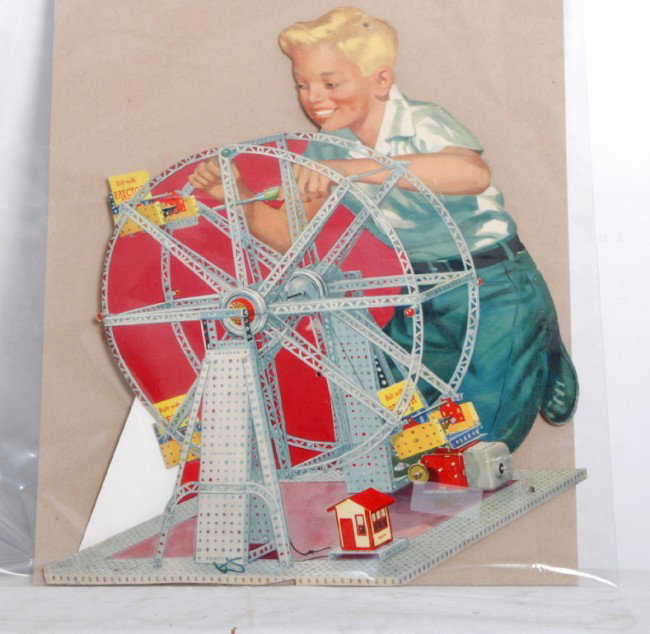 Gilbert Erector cardboard dealer cutout: Gilbert Erector dealer cardboard cut out of the 8 1/2 Ferris wheel display. Display has three small puncture marks at the top and lower corners and a tape repair to the rear stand. Also, may be missin