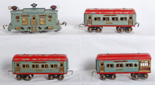 Dorfan 54 elec. loco, w/three passenger cars: Prewar Dorfan O gauge No. 54 box cab electric locomotive with Boston coach, Seattle coach, and an observation passenger cars. Trains look C5-6. Cars are illuminated with window figures.