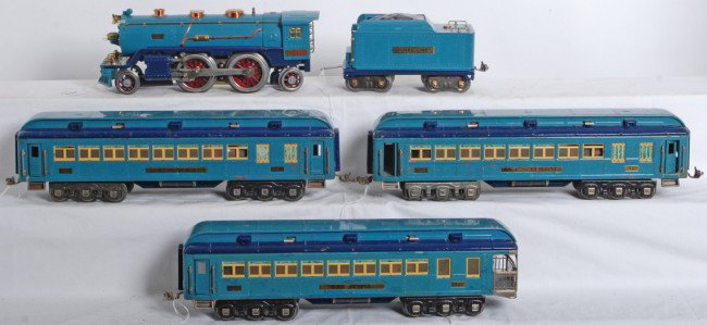 Lionel S.G. Blue Comet passenger train: Prewar Lionel standard gauge Blue Comet passenger train with repainted/restored 390E and tender, C6-7. 420 Faye coach, 421 Westphal coach, and 422 Tempel observation, passenger cars. 422 has small tou