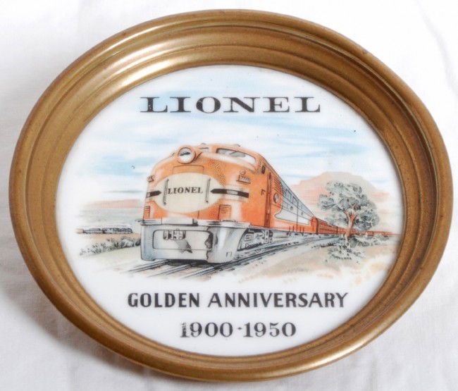 Lionel 1950 Golden Anniversary coaster: Lionel Postwar 1950 Golden Anniversary coaster. C8 condition with very light fading and some light tarnishing on the rear.