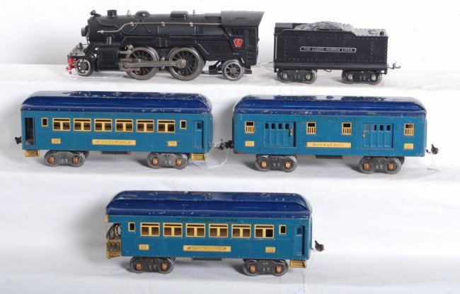 Lionel 1835E and tender, 309, 310, 312 passenger: Prewar Lionel standard gauge 1835E loco and tender with whistle, both restored to look C7-8. 309 Pullman, 310 baggage, and 312 observation, passenger cars, original C6.