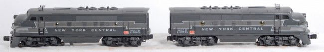Lionel No. 2333 New York Central EMD F3a units: Postwar Lionel O gauge No. 2333 New York Central EMD F3a diesel units with rubber stamped lettering, original porthole lens, screened roof vents, and large GM decals. These desirable units are great l