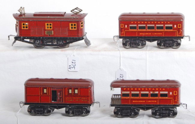 American Flyer 3011, RPO, Broadway Limited cars: Prewar American Flyer O gauge No. 3011 box cab electric locomotive, RPO baggage car, Broadway Limited coach, and Broadway Limited observation. Trains look C6+, very nice looking trains.