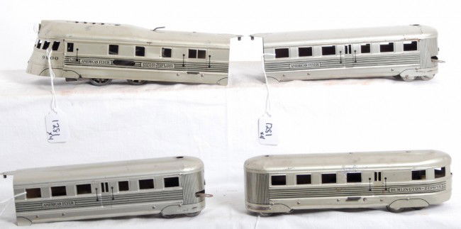 American Flyer Burlington Zephyr 9900 articulated: Prewar American Flyer O gauge Burlington Zephyr No. 9900 articulated diesel passenger train with mechanically operated diesel loco, two coaches, and an observation car. Observation car has some type o
