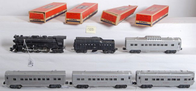 Lionel 2065, 2064W, 2432, 2434, 2435, 2436: Postwar Lionel O gauge No. 2065 steam locomotive and No. 2046W tender with whistle (hairline at front screw), with 2432 Clifton astra-dome, 2434 Newark Pullman, 2435 Elizabeth Pullman, and 2436 Summit