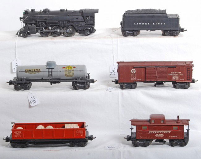 Lionel 225 loco, 2235W, X2758, 2755, 2812, 2757: Prewar Lionel O gauge No. 225 steam loco and 2235W tender with whistle with X2758 Pennsylvania double door automobiles boxcar, 2755 Sunoco tank, 2812 Lionel Lines gondola, and a 2757 Pennsylvania N5 c