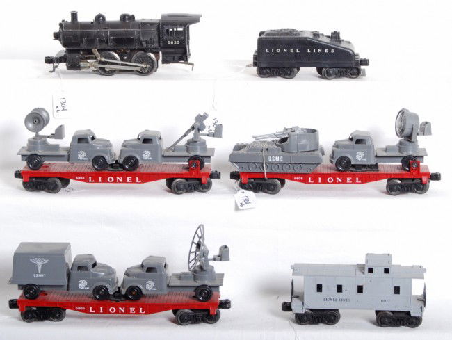 Lionel 1625, tender, 6804, 6806, 6808, 6017: Postwar Lionel O gauge No. 1625 steam switcher loco, unnumbered slope back tender, 6804, 6806, 6808 flatcars with original Pyro loads. 6806 radar truck has missing trim, 6808 search light mount has on