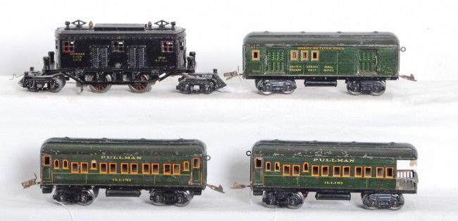 American Flyer 3020, 3000, 3001, 3001 passenger c: Prewar American Flyer narrow gauge No. 3020 articulated box cab electric locomotive with 3000 RPO car, 3001 Illini Pullman coach, and 3001 Illini observation car. Trains look C6-7.