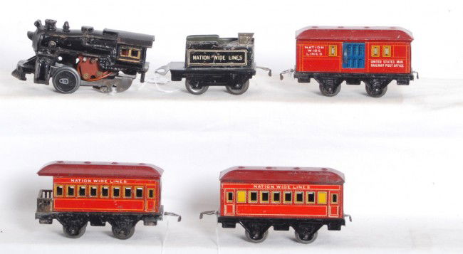 American Flyer Nation Wide Lines passenger train: Prewar American Flyer narrow gauge Nation Wide Lines passenger cast iron electrical steam locomotive and four wheel tinplate tender, NWL baggage, NWL coach, and NWL observation car. Trains look nice a