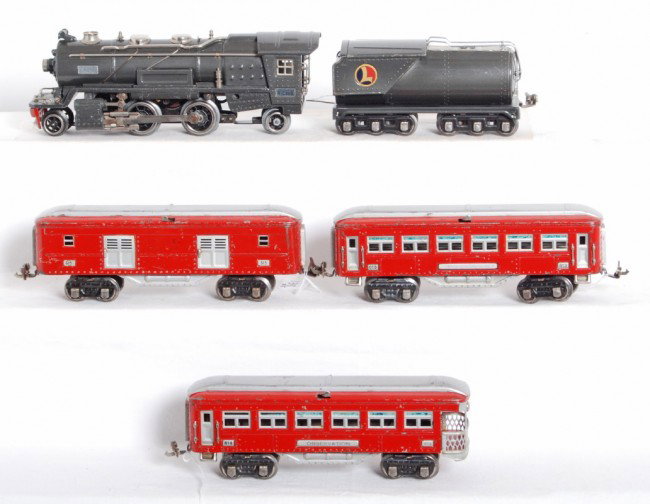 Lionel No. 255E, 263W, 613, 614, 615 passenger: Prewar Lionel O gauge No. 255E steam locomotive and 263W whistle tender with 613 Pullman, 614 observation, 615 baggage car. Trains look very clean and very shiny C5-6.