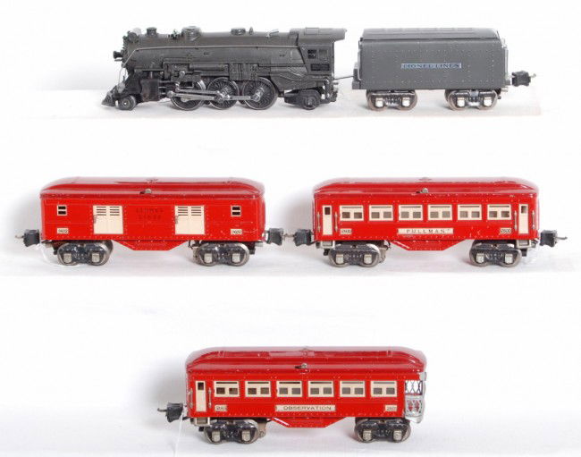 Lionel No. 225E, 2265T, 2600, 2601, 2602 passenge: Prewar Lionel O gauge No. 225E steam locomotive, 2265T tinplate tender, 2600 Pullman coach, 2601 observation, 2602 baggage, passenger cars, C6+.