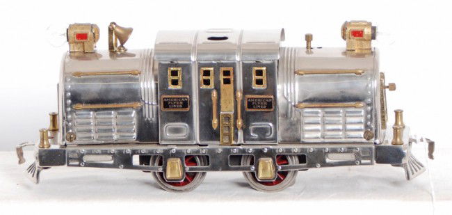 Chrome Plated American Flyer O gauge center cab l: Prewar American Flyer narrow gauge center cab electric locomotive that has been chrome plated and restored. Very nice looking loco, headlights are original with casting fatigue, C7 area.