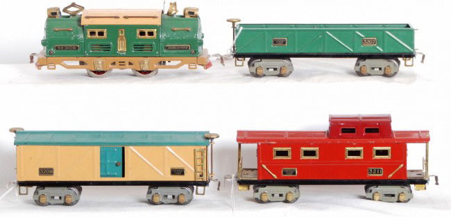 American Flyer 3109 loco, 3207, 3208, 3211 freigh: Prewar American Flyer O gauge No. 3109 center cab electric locomotive with 3207 sand car, 3208 boxcar, and 3211 caboose. Trains look C6+. Loco headlights have casting fatigue, rewheeled and rewired.