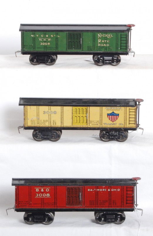 Three American Flyer 3008 boxcars, NKP, ART, B&O: Prewar American Flyer O gauge No. 3008 boxcars, Nickel Plate Road, American Refrigerator Transit Co., and Baltimore and Ohio. Trains look C6 area.