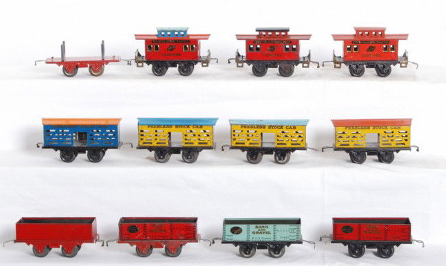 American Flyer/Hafner Overland Flyer, Peerless St: Prewar American Flyer/Hafner? Overland Flyer, Peerless Stock Cars, NYC sand and gravel, etc. Trains have repaint, repro parts, etc. Trains look C6 area.