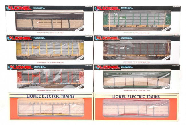 Lionel 16214 16215 16217 16228 16372 16380 MIB: Lionel freight cars including; 16214 D&RG two tier auto carrier, 16215 Conrail two tier auto carrier, 16217 Burlington Northern auto carrier with screens, 16228 Union Pacific auto carrier with screens