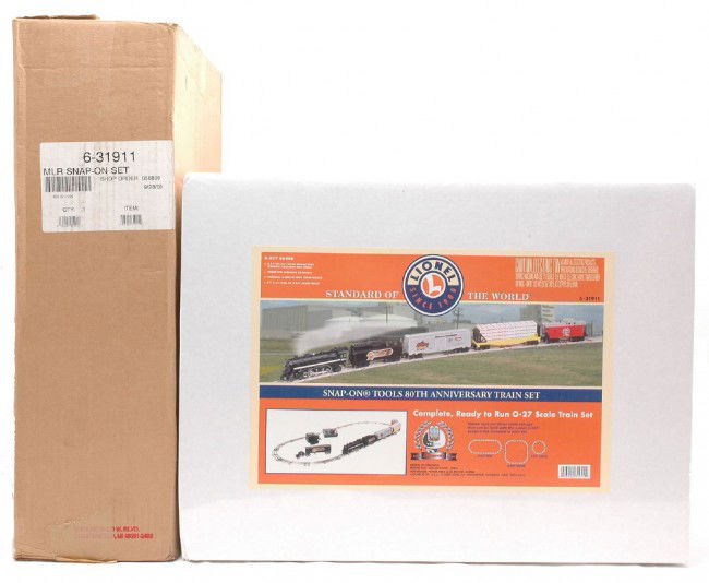 Lionel Snap-On Tools Anniversary Set 31911 MIB: Lionel Snap-On Tools 80th Anniversary freight train set no. 31911 factory sealed in OB wrapped in cellophane with outer shipping carton, C10.