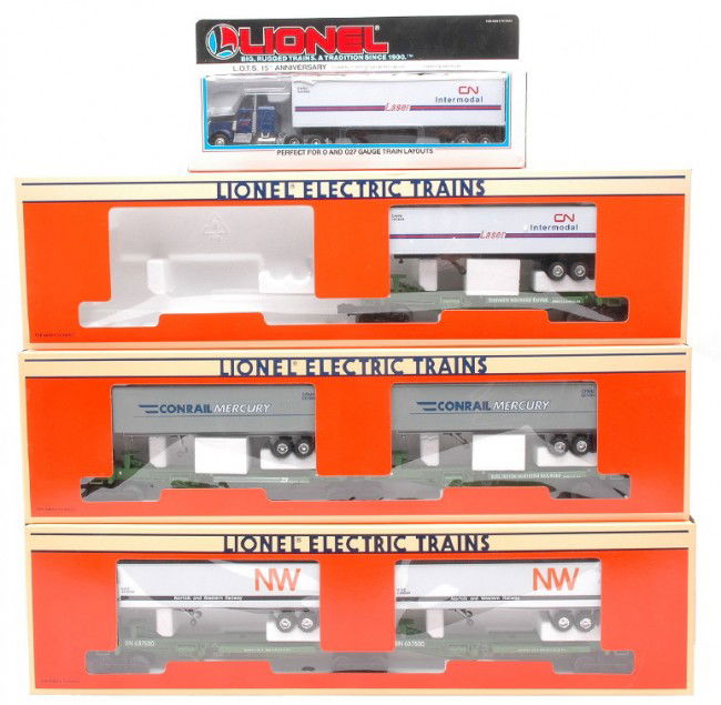 Lionel LOTS 52014 52041 52042 52046 MINT OBs: Lionel LOTS flatcars and trailers including; 52014 1993 two BN flatcars with Norfolk and Western trailers, 52041 1994 two Burlington Northern flatcars with two Conrail Mercury trailers and 52042 only