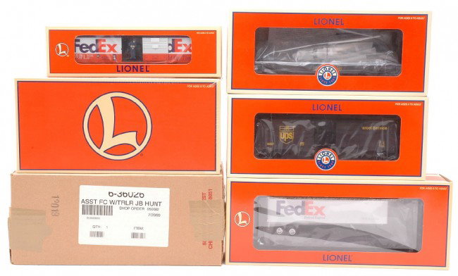 Lionel 19440 19835 26301 26827 36026 MIB: Lionel 19440 flatcar with FedEx trailer, 19835 FedEx 3464X animated boxcar, 26301 UPS flatcar with airplane and 26827 Archive UPS operating boxcar all factory new in OBs, C10. Also included is a 36026