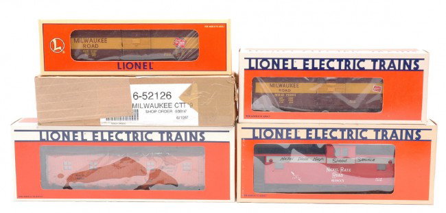 Lionel Milwaukee Road 19204 19656 52126 MIB: Lionel Milwaukee Road cars including; 19204 Fallen Flag #2 boxcar, 19656 bunk car with operating smokestack and a 52126 Classic Toy Trains Limited Edition 10th Anniversary boxcar all factory new in OB