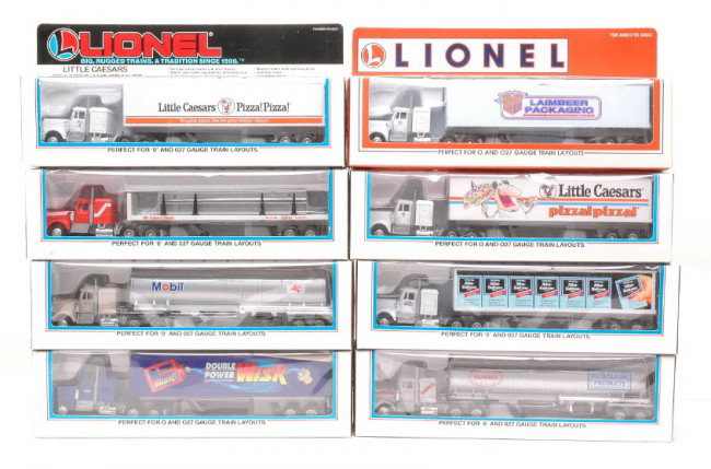 Lionel 12807 12808 12811 12819 12837 12864 MIB: Lionel tractors and trailers; 12807 Little Caesars, 12808 Mobil, 12811 Alka-Seltzer, 12819 Inland Steel, 12837 Humble Oil, 12864 Little Caesars, 12865 Wisk and a 12932 Laimbeer Packaging all factory n