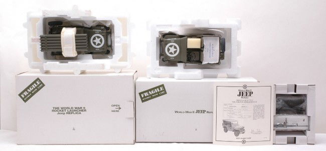 Danbury Mint WW II Jeep & Rocket Launcher Replica: Danbury Mint die cast 1:16 scale World War II Replicas including a jeep and a rocket launcher jeep both factory new in OBs, C10.