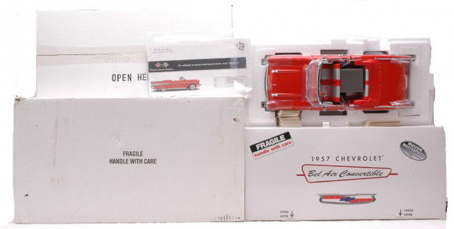 Danbury Mint 1:12 Scale 1957 Chevy Bel Air MIB: Danbury Mint die cast 1:12 scale 1957 Chevrolet Bel Air convertible in OB with a display board factory sealed in OB, both in outer shipping carton, C10.