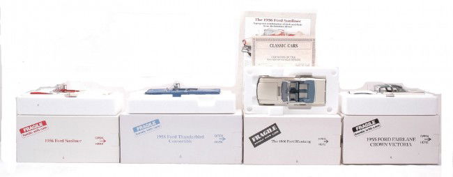Danbury Mint Ford Cars 1955 1956 1958 1966: Danbury Mint die cast 1:24 scale Ford cars including; 1955 Fairlane Crown Victoria, 1956 Sunliner, 1958 Thunderbird Convertible and a 1966 Mustang Convertible all factory new in OBs, C10.