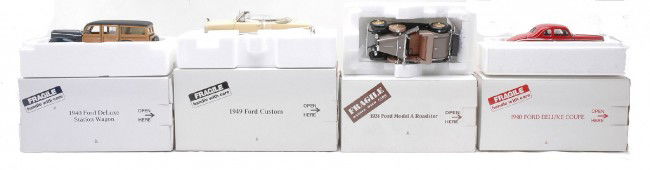 Danbury Mint Ford Cars 1931 1940 1940 1949 MIB: Danbury Mint die cast 1:24 scale Ford cars including; 1931 Model A Roadster, 1940 Deluxe Coupe, 1940 Deluxe Station Wagon and a 1949 Custom all factory new in OBs, C10.
