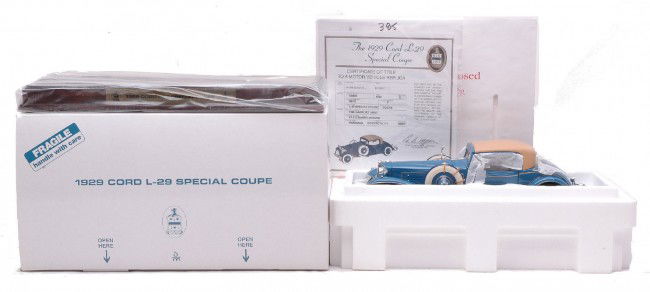 Danbury Mint 1929 Cord L-29 Special Coupe MIB: Danbury Mint die cast 1:16 scale 1929 Cord L-29 Special Coupe with display board factory new in OB, C10.