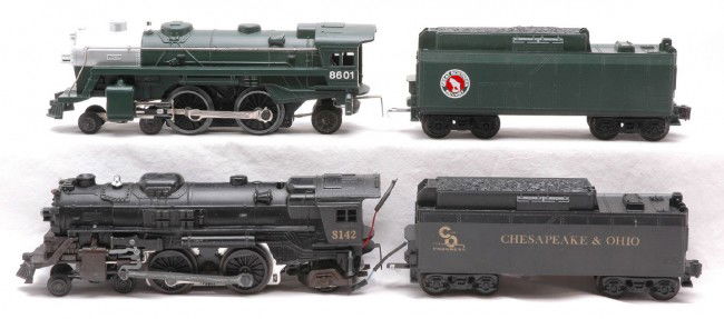 Lionel 8142 C&O Loco 18601 Green GN Loco: Lionel 8142 Chesapeake & Ohio 2-4-2 steam loco and tender and a 18601 green Great Northern 2-4-2 steam loco and tender. The 8142 is C7 and the 18601 is C9.