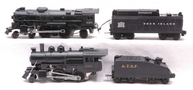 Lionel 8300 ATSF Loco 8304 Rock Island Loco: Lionel 8300 A.T.S.F. 2-4-0 steam loco and slope back tender and a 8304 Rock Island 4-4-2 steam loco and tender. Both locos and tenders are C8.