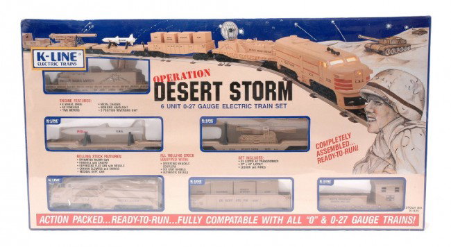 K-Line Operation Desert Storm Set no. K-1125 MIB: K-line Operation Desert Storm freight set no. K-1125 factory sealed in OB wrapped in cellophane, C10.