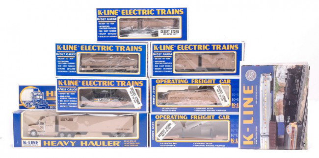 K-Line Selection of Desert Storm Freight Cars: K-Line Desert Storm freight cars including; K-5134 Ordinance boxcar, K-5417 diesel fuel tank, K-6335 tank, K-6652 missile carrier, K-6644 helicopter car and a K7301 radar car factory new in OBs, C10. 